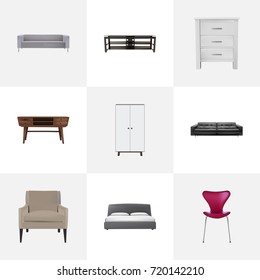 Realistic Stool, Couch, Wardrobe And Other Vector Elements. Set Of Furniture Realistic Symbols Also Includes Sofa, Chair, Cupboard Objects.