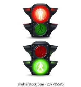 Realistic stop and go pedestrian traffic lights set isolated vector illustration