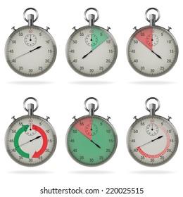 Realistic stopwatch set with light shadows white background