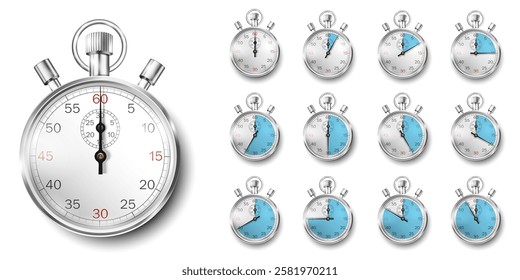 Realistic stopwatch,metal chronometer. Time measurement for sport. Classic time counter with dia and blue countdown timer showing minutes and seconds. Vector 3d style image