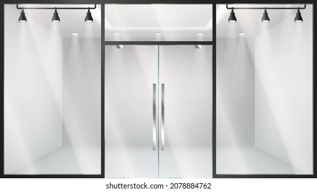 Realistic store facade with glass windows and doors. Empty shop boutique interior vitrine view. Supermarket business wall entrance template. 3d vector illustration