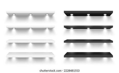 Realistic store shelves with lighting, spotlights. Empty product shelf, grocery wall rack. Mall and supermarket furniture, bookshelf. Modern interior design element. Vector illustration