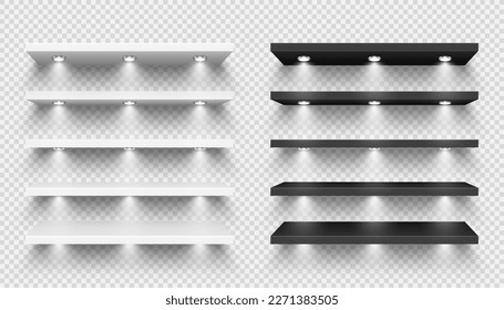 Estantes de tiendas realistas con iluminación, focos de atención. Estante de producto vacío, rack de pared de comestibles. Mobiliario de centro comercial y supermercado, biblioteca. Decoración moderna. Ilustración del vector