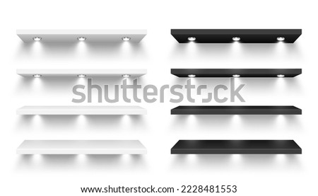 Realistic store shelves with lighting, spotlights. Empty product shelf, grocery wall rack. Mall and supermarket furniture, bookshelf. Modern interior design element. Vector illustration