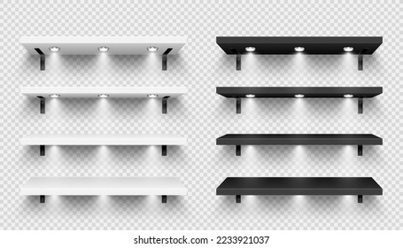 Realistic store shelves with wall mount and lighting, spotlights. Empty product shelf, grocery wall rack. Mall and supermarket furniture, bookshelf. Modern interior design. Vector illustration