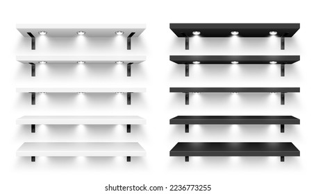 Realistic store shelves with wall mount and lighting, spotlights. Empty product shelf, grocery wall rack. Mall and supermarket furniture, bookshelf. Modern interior design. Vector illustration