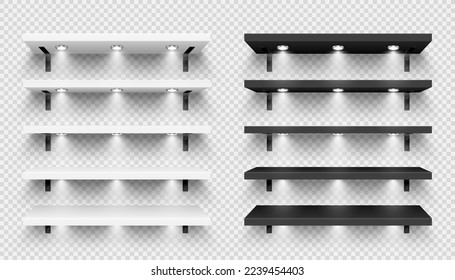 Realistic store shelves with wall mount and lighting, spotlights. Empty product shelf, grocery wall rack. Mall and supermarket furniture, bookshelf. Modern interior design. Vector illustration