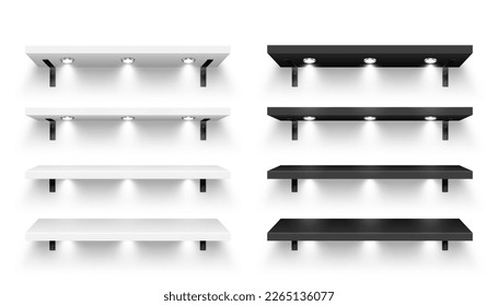 Realistic store shelves with wall mount and lighting, spotlights. Empty product shelf, grocery wall rack. Mall and supermarket furniture, bookshelf. Modern interior design. Vector illustration