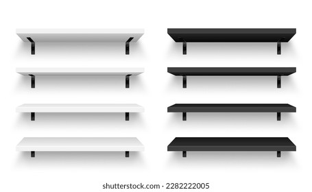 Estantes de tiendas realistas con montaje en pared. Estante de producto vacío, rack de pared de comestibles. Mobiliario de centro comercial y supermercado, biblioteca. Decoración de diseño interior moderno y decoración de las habitaciones. Ilustración del vector