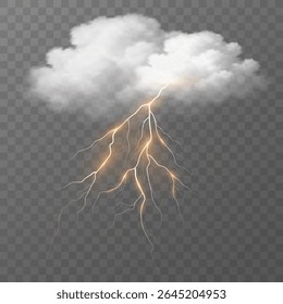 Realistic storm cloud with rainfall and glowing golden lightning strike emerging from a dense rain clouds on a transparent background. Design elements for weather visual effects. Vector illustration.