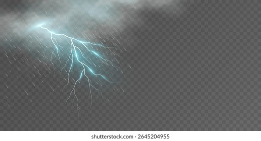 Realistic storm cloud with rainfall and glowing blue lightning strike emerging from a dense rain clouds on a transparent background. Graphical weather visual effects. Vector illustration.
