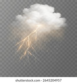 Nuvem de tempestade realista com chuvas e relâmpago dourado brilhante emergindo de nuvens de chuva densa em um fundo transparente. Elemento gráfico para efeitos visuais do tempo. Ilustração vetorial.