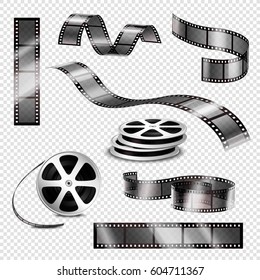 Realistic straight and twisted photographic strips and film reels 3d set on transparent background isolated vector illustration