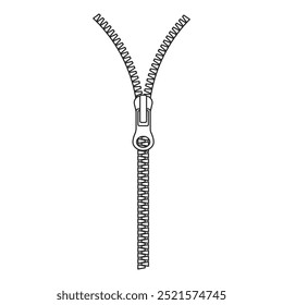 Realistic straight zipper being unzipped and half open outline vector