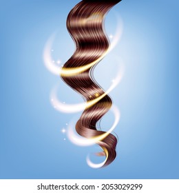 Realistic strand of curled shiny long healthy brown hair on blue background vector illustration