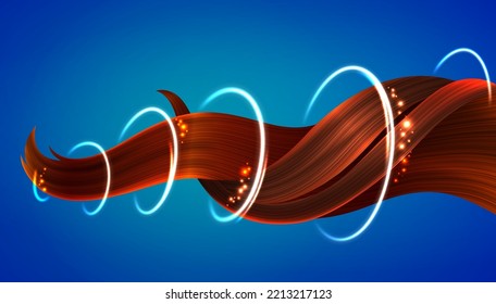 Realistic Strand of Shiny Curly  Ginger Hair with Glittering Effect on Blue Background. Vector Realistic 3d Illustration