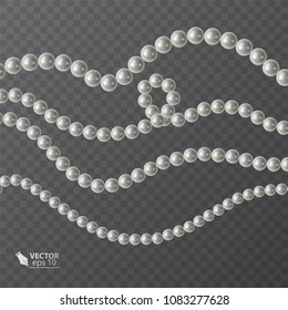 Realistic strands of white pearls, decorative element for holiday cards, wedding invitations, vector illustration