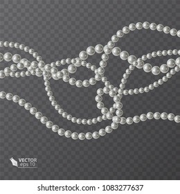 Realistic strands of white pearls, decorative element for holiday cards, wedding invitations, vector illustration