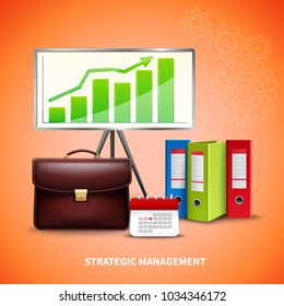 Realistic strategic management business concept with tools for planning on bright background vector illustration