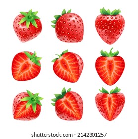 Realistic strawberries cut in half and quarters, whole ripe berry. Vector flat cartoon, isolated fruits summer food harvest organic and natural product, healthy red berries with green leaves