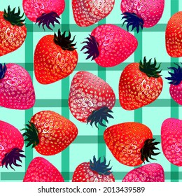 Realistic strawberries on the table, checkered tablecloth. Seamless pattern. Vector.