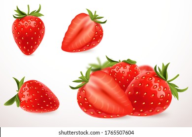 Realistic strawberry in 3d style. Fresh ripe strawberry isolated on white background. Sweet berry. Applicable for fruit juice advertising. Vector illustration.