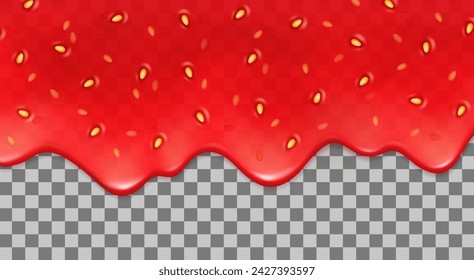 Realistic strawberry drips or fruit melt jam and berry syrup splash on vector transparent background. Strawberry melt or red jelly sweet sauce flow with texture for candy and sweet berry dessert