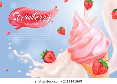 Realistic strawberry ice cream. 3d soft icecream serving with strawberries milk splashes ad promotion banner, fruit iced sweets frozen gelato food flyer exact vector illustration original artwork