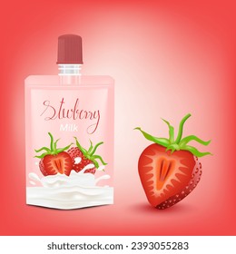 Realistic Strawberry juice package on red background. Vector illustration EPS 10.
