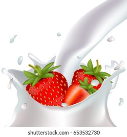Realistic strawberry with milk. Summer. Useful vitamins isolated on white background.