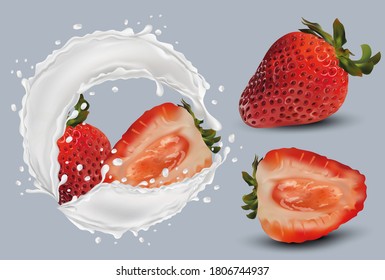 Realistic strawberry on grey background. Whole strawberries and slice with strawberries in milk splashes and drops. Illustration for your poster, banner, natural product. 3D vector illustration.