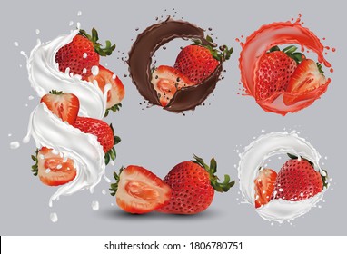 Fresa realista con fondo gris. Fresas enteras y rodajas con fresas en salpicaduras de leche, chocolate, jugo y gotas. Ilustración para tu afiche, pancarta, producto natural. vector 3D