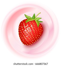 Realistic strawberry on swirling pink milk background. Vector illustration.