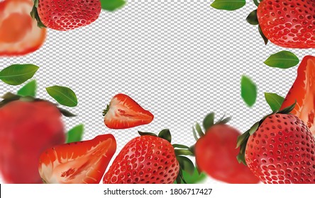 Realistic strawberry on transparent background. Whole strawberries, sliced strawberries with with green leaves. Illustration for your poster, banner, natural product. 3D vector illustration.