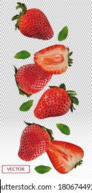 Realistic strawberry on transparent background. Whole strawberries, sliced strawberries with with green leaves. Illustration for your poster, banner, natural product. 3D vector illustration.