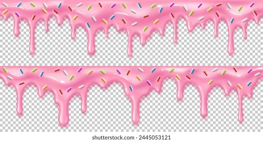 Realistic strawberry pink melting drip cream with candy sprinkles. 3d vector donut icing glaze, isolated candy melt border, cake liquid syrup flowing down. Sweet confectionery pouring down with drops