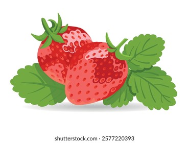 Realistic Strawberry Set Whole Berries with Green Leaves Isolated on White