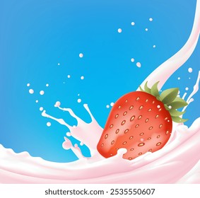 Realistic strawberry in a splash milk, gradient wes