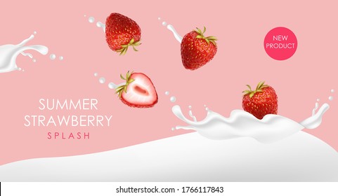 Realistic strawberry with splash milk, strawberry yogurt, summer fruit, delicious isolated fruit, summer dessert, vector illustration