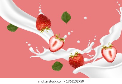 Realistic strawberry with splash milk, strawberry yogurt, summer fruit, delicious isolated fruit, summer dessert, vector illustration