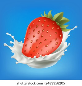 realistic strawberry in a splash of milk or yogurt and  of juice with drops, additional elements of milk design, gradient wes 