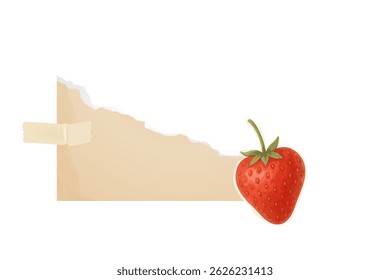 Realistic strawberry with torn paper sticker design for notes