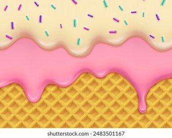 Realistic strawberry and vanilla ice cream melting drip with candy sprinkles, wafer background. 3d vector melted icing or sweet sauce drop down the waffle cone texture, liquid, syrup or cream border