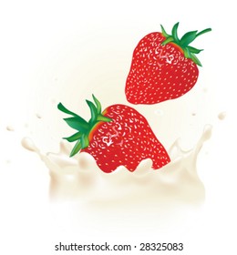 Realistic strawberry in vector splash milk