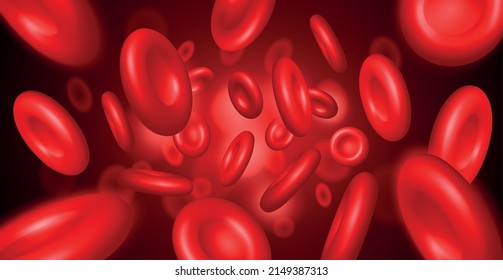 Realistic streaming blood cells. Macro vessel with 3D red particles. Abstract erythrocytes background. Enlarged artery flow. Circulatory system. Microscopic molecules