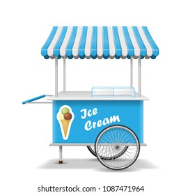 Realistic street food cart with wheels. Mobile blue ice cream market stall template. Ice cream market cart mockup. Vector illustration