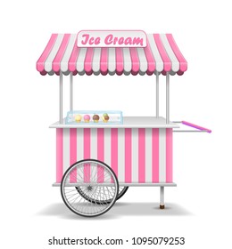 Realistic street food cart with wheels. Mobile pink ice cream market stall template. Ice cream kiosk store mockup. Vector illustration