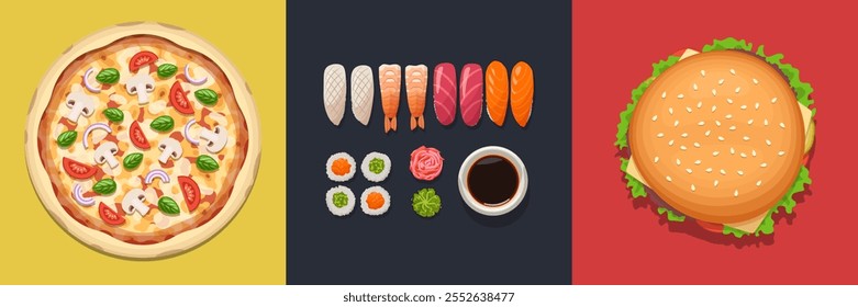 Conjunto realista de comida callejera. Pizza, sushi, hamburguesa. Vista superior. Ilustración vectorial.