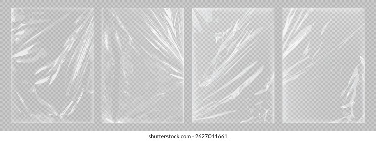 Deformação plástica alongada realista, fundo de polietileno ou maquete de celofane transparente. Textura de revestimento de filme plástico rasgado. Saco de papel amassado e enrugado para empresas de embalagem de produtos.
