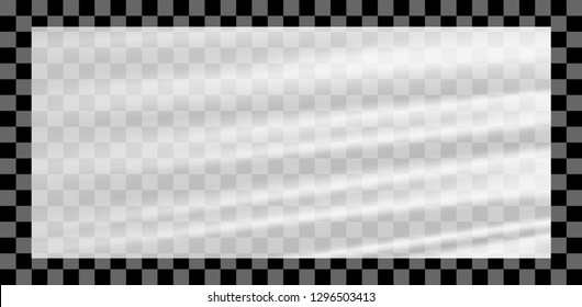 Realistic stretched white plastic warp. Polyethylene background. Vector transparent cellophane.